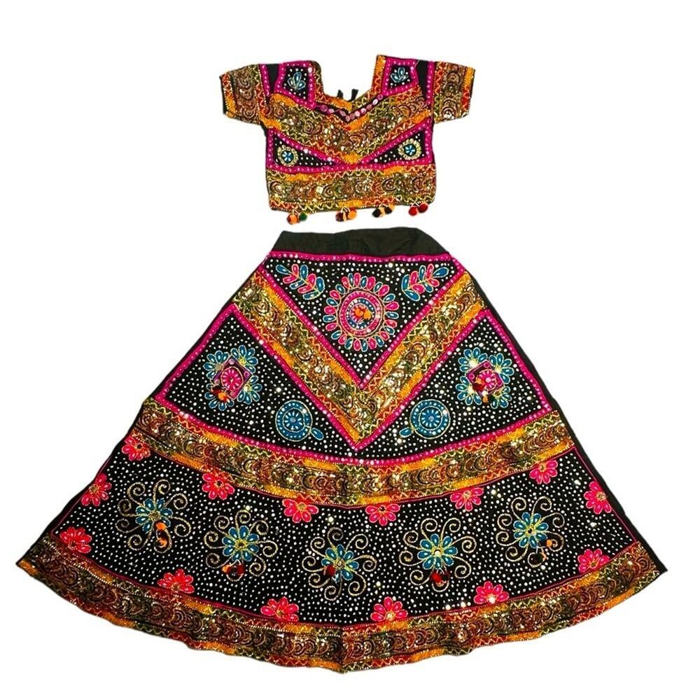New Black Multicolor Cotton Banjara Chaniya Choli Rajasthan Beads & Embroidery